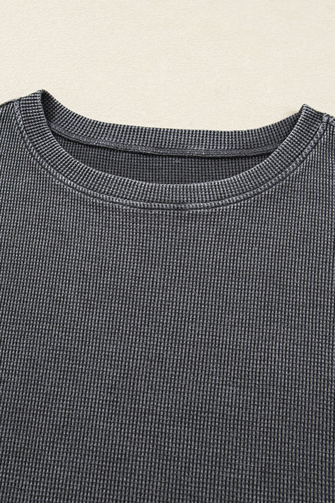 Waffle Knit Drop Shoulder Wide Crewneck Banded Hem Loose Fit Top